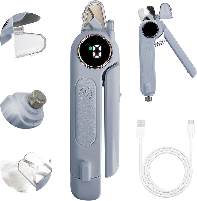 2-in-1 Dog Cat Nail Grinder & Clipper with LED Light, Pet Nail Clippers for Large Medium Puppy Dogs Ultra Quiet, Dog Cat Nail Trimmers with Splash Guard, Electric Dog Cat Claw Care File (Grey)