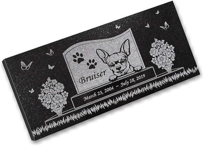 Indoor Outdoor Dog Memorial – Chihuahua Pet Memorial Stone – Black Granite Stone – Dog Headstone – 6 x 12 x 3/8 Inches – Paw Prints Pet Memorial Stone – in Loving Memory – Pet Loss Stone - Bruiser