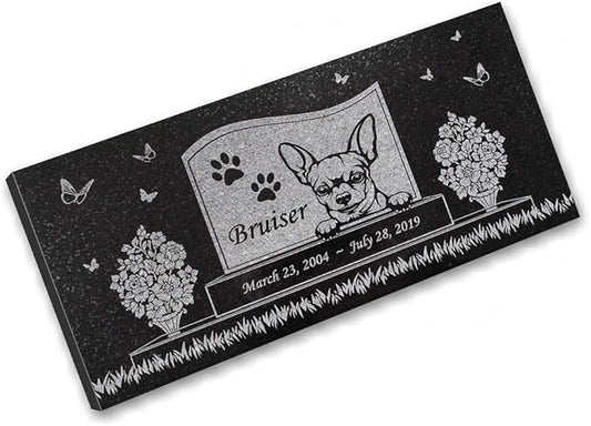 Indoor Outdoor Dog Memorial – Chihuahua Pet Memorial Stone – Black Granite Stone – Dog Headstone – 6 x 12 x 3/8 Inches – Paw Prints Pet Memorial Stone – in Loving Memory – Pet Loss Stone - Bruiser