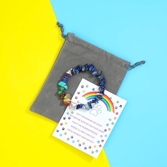 Rainbow Bridge Pet Memorial Bracelet - 7 Colors Chakra, Sympathy Gift for Loss of Dog or Cat, 7MM Mixed Color Gravel Stone, Bracelet for Grieving Pet Owners