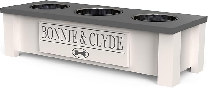 GTW Elevated 3 Bowl Dog Feeding Station - Customized Triple Stand for Small Dog Breeds - Includes Storage & Stainless Steel Bowls (Small, Grey)