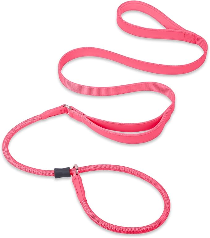 Slip Lead Dog Leash, Double Handle, Soft Leather, Heavy Duty Nylon, No Pull Walking, Hot Pink, 6ft