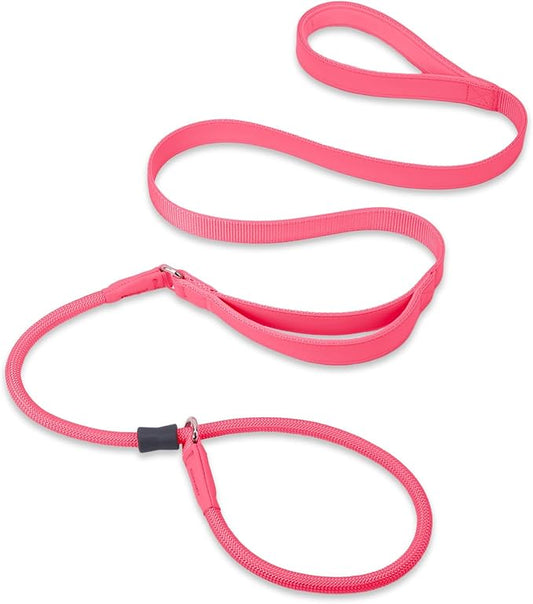 Slip Lead Dog Leash, Double Handle, Soft Leather, Heavy Duty Nylon, No Pull Walking, Hot Pink, 6ft