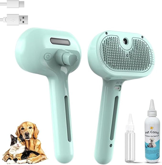 3-in-1 Pet Steam Brush for Cats & Dogs, Self Cleaning Grooming Brush with Mist Spray for Deshedding & Hair Removal, Gentle Massage Comb for Long & Short Haired Pets, 200 ml Waterless Shampoo Included
