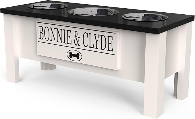 GTW Elevated 3 Bowl Dog Feeding Station - Customized Triple Stand for Large Dogs - Includes Storage & Stainless Steel Bowls (Large, Black)