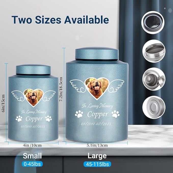 Custom Urns for Dogs and Cats Ashes Personalized Pet Urn with Name and Photo Pet Cremation Memorial Urn for Loss of Dog or Cats Engraved Pet Funeral Urns (Wings)