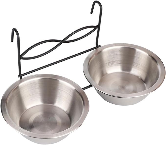 Stainless Steel Double Hanging Bowl Pet Feeding Station Water and Food Bowls with Hook for Small Dogs and Cats