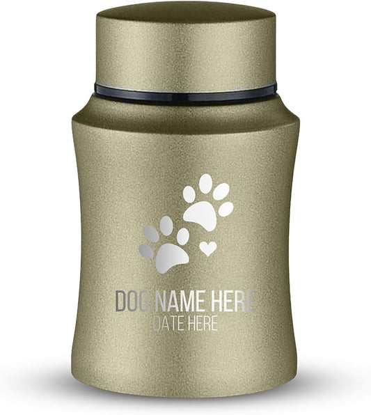 Customized Small Keepsake Urn Personalized Engraved with Pet Name, Date, and Dog Design - 4" Powder Coated Cremation Mini Compact Urn for Dogs Ashes | 5–10 Lbs Capacity | Washed Gold, Dog Paws