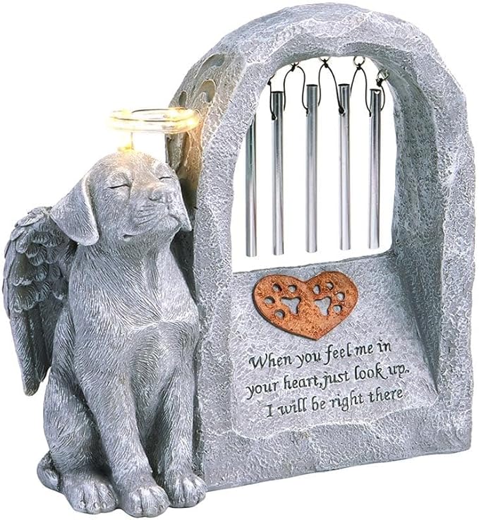 The Lakeside Collection Pet Memorial Statue Solar with Chimes and Lighted Halo Dog or Cat - Dog