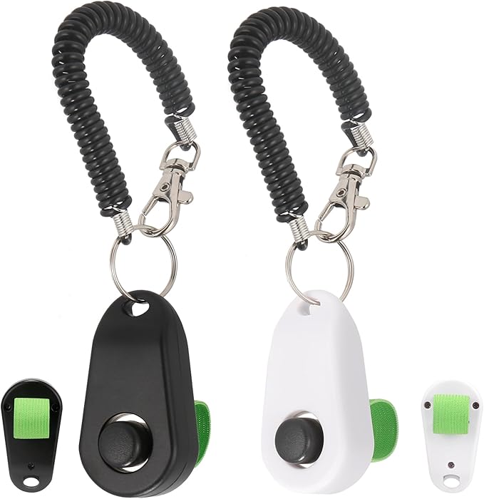 BARKIE Dog Training Clicker with Finger Ring and Wrist Strap 2 Pack, Multi-Carry Dog Clicker for Behavior Aids, Puppy Essentials & Pet Supplies for Dog Training and Walking(Black & White)