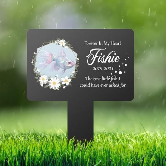 Personalized Fish Memorial Stake Custom Photo Floral Little Fish Metal 8x8 inch Pet Grave Marker Pet Loss Gift Sympathy Gift (Style 21)