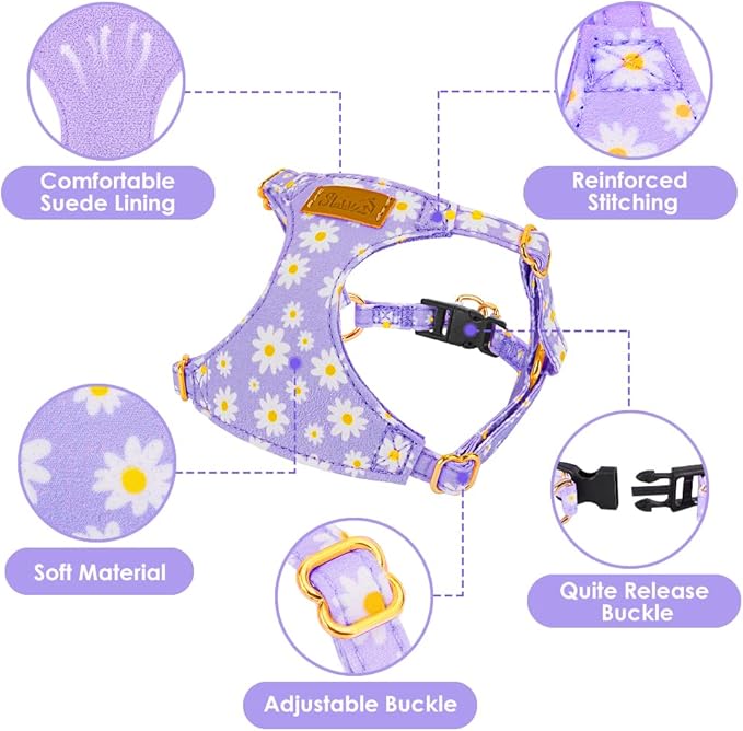 SlowTon Dog Harness Small Sized Dog - Soft XXS Dog Harness and Leash Set No Pull No Chock, Adjustable Lightweight Puppy Harness for XS Small Medium Dogs Cats (Purple Dasiy, XXS)