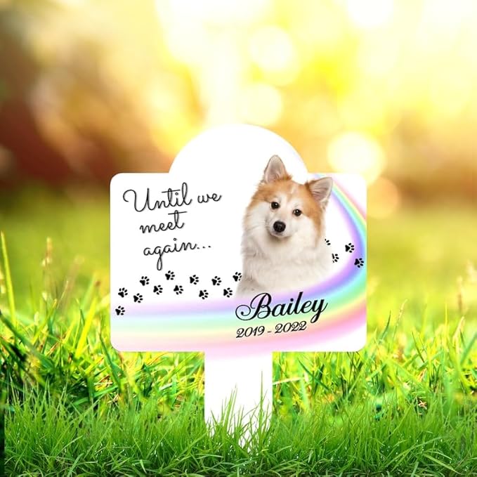 Personalized Dog Memorial Stake Rainbow Brigde Custom Dog Cat Photo Until We Meet Again Metal 8x8 inch Pet Grave Marker Pet Loss Gift Sympathy Gift (Style 20)