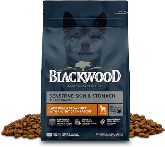 Blackwood Sensitive Skin & Stomach Dry Dog Food, Lamb Meal & Brown Rice with Ancient Grains, 4.5 Pound Bag with Prebiotics & Probiotics to Promote Gut Health