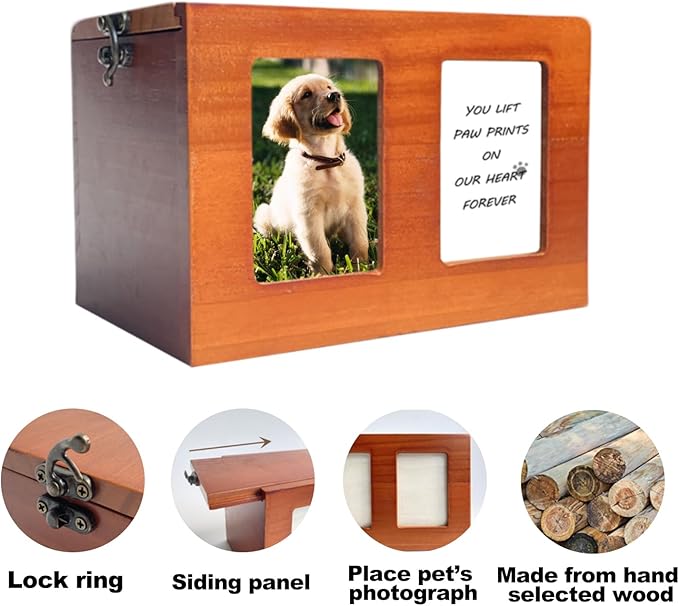 Pet Urns for Dog Cremation With Photo Frame - Wooden Box for Ashes, Cat Urns, Memory Box With Memorial Card
