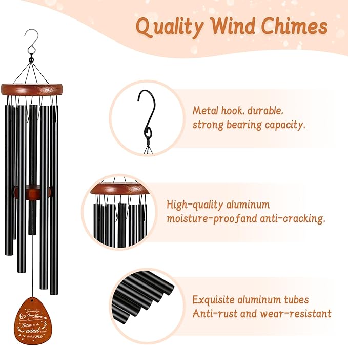 Pet Memorial Wind Chimes - Bereavement Gift for Loss of Dog/Cat with Metal Rose Card, 26" Weatherproof Outdoor Keepsake for Garden