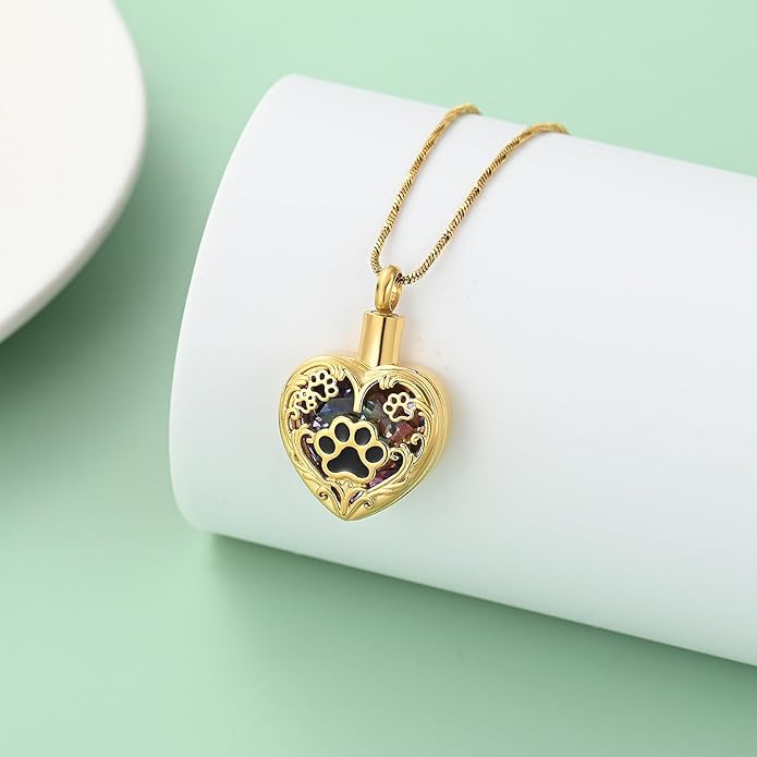 Heart Urn Necklace For Ashes Birthstone Pet Memorial Jewelry Dog Paw Print Cremation Pendant Stainless Steel Keepsake Gift For Pet Lovers