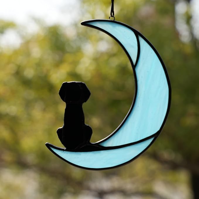 BOXCASA Loss of Dog Sympathy Gift,Stained Glass Dog on Moon Suncatcher Gifts,Black Dog Memorial Gifts for Pet Loss Gifts,Pet Sympathy Gifts for Dog Lovers