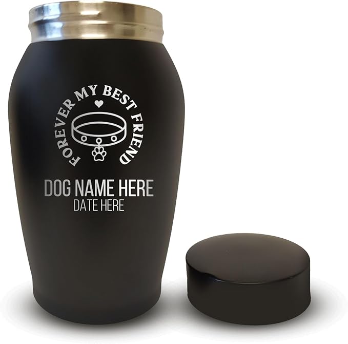 Personalized Custom Small Keepsake Urn Engraved with Pet Name, Date, and Dog Design - 5.2" Black Powder Coated Steel Cremation Urn for Dogs Ashes | 12-16 lb Capacity, Forever My Best Friend