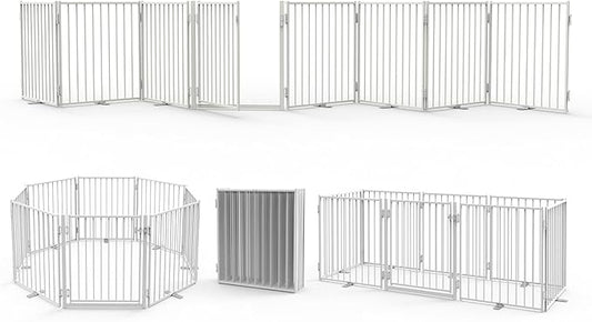 No Pawblems Free Standing Dog Gate with Door, 30'' Tall Foldable Dog Fence for Indoor & Outdoor, Up to 208 Inch Extra Wide Puppy Gate for Stairs, Hallways, Doorways, Deck, Yard (White, 8 Panels)