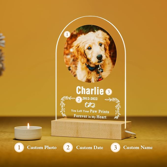 Bemaystar Personalized Dog Memorial Gifts Custom Dog Memorial Night Lights for Grieving Pet Owners, Pet Loss Gifts Cat memorial gifts Loss of Dog Sympathy Gift with Picture Name Date Custom Plaque