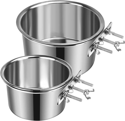 2 Pcs Large Dog Food Water Bowl for Cage with Upgraded Clamp Holder, Pet Kennel Hanging Bowls Stainless Steel Detectable Bowls Crate Feeder Dish for Large Dogs (7.1x3.7'' & 5.1x2.7'')