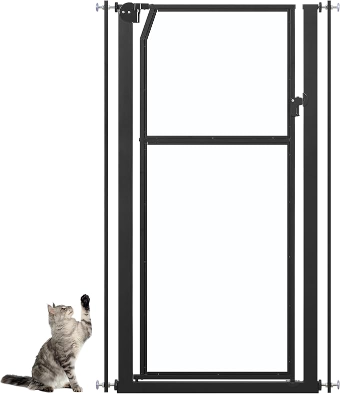 unipaws 56" Extra Tall Pet Gate, Clear Transparent Tall Cat Gate, 29.5-33.5" Wide No Drilling Pressure Mounted Dog Gate for Doorway, Hallway, Stairs, Black