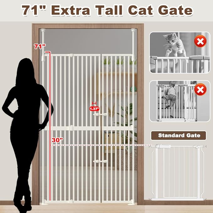 71" Extra Tall Cat Gate for Doorway 33.5"-47.2" Wide Pet Gate Pressure Mounted Walk Through Swing Auto Close Safety Dog Gates for Indoor, Stairs,Hallway
