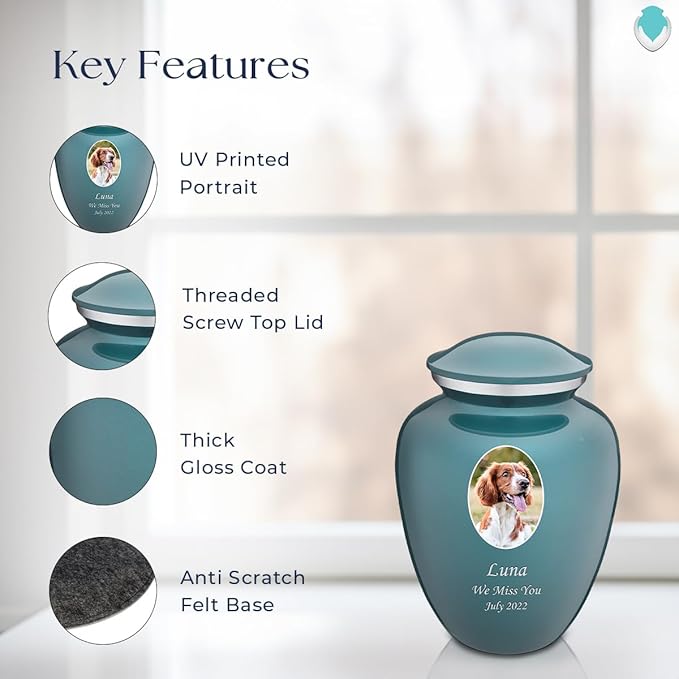Geturns Embrace Personalized Picture Urn for Small Pets I Teal Photo Cremation Urns for Dogs and Cats I 44 lbs
