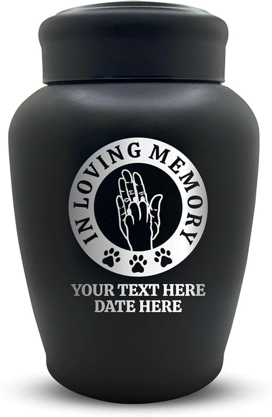 Personalized Custom Dog Urn Engraved Dog Name and Date - Stainless Steel Large Cremation urns for Dogs Ashes with Airtight Closure | up to 150 lbs Capacity | Hand and Paw - High Five
