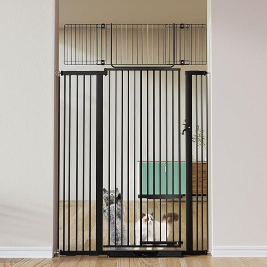 COMOMY 71" Extra Tall Pet Gate for Cats, 29.5-43" Extra Wide Cat Gate with Adjustable Cat Door, Pressure Mounted Easy Walk Through Pet Gate with Door for Stairs, Doorways, Kitchen(Black)