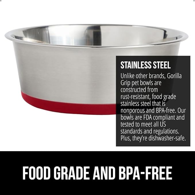 GORILLA GRIP Dog Bowl, Holds 6 Cups (48 fl oz), Food Grade 304 Stainless Steel Food and Water Bowl for Feeding Dogs and Cats, BPA Free Rubber Base, Easy Clean, Dishwasher Safe, Rust Resistant, Red