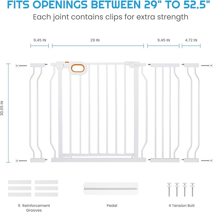 owlie Baby Gate for Stairs 29-52 Inch Wide, Safety Gate for Baby Adjustable Pet Gate with Door Pressure Mounted Gates for Kids Toddler Dogs Extension Kit Indoor Stairway Doorway White (30.5'' Tall)