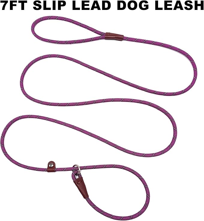 7ft Slip Lead Dog Leash for Small Dogs, Anti-Pull Puppy Training Lead, Lightweight Slip Rope Leash Easy On/Off, Purple
