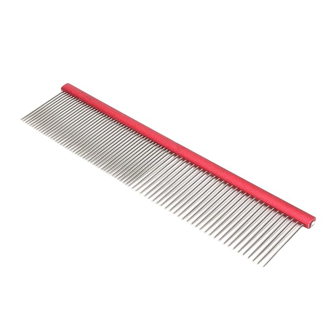 Dog Comb, Stainless Steel Metal Dog Comb Pet Comb with Rounded Ends for Both Short-Haired and Long Haired Breeds(Red)
