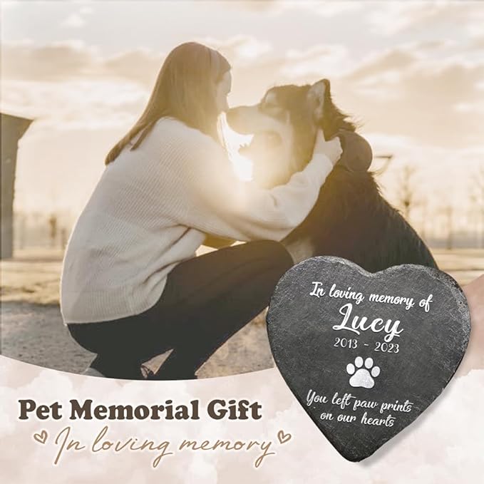 Heart Shaped Pet Memorial Stone for Dog or Cat - You Left Paw Prints on Our Hearts - Dog Heaven - Angel Wings Paw - Dog Loss Sympathy Gift
