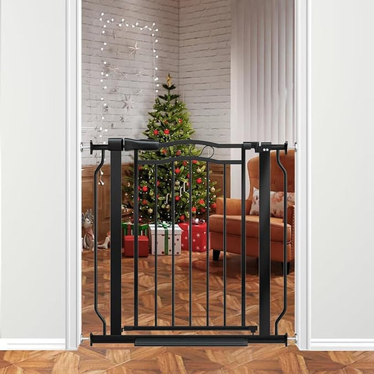 30" Tall Narrow Baby Gate for Doorways No Drill 29.5-33.8" Wide, Auto Close Press Mounted Baby Gate Indoor for Kids, Walk Through Pet Gates for Stairs, Black