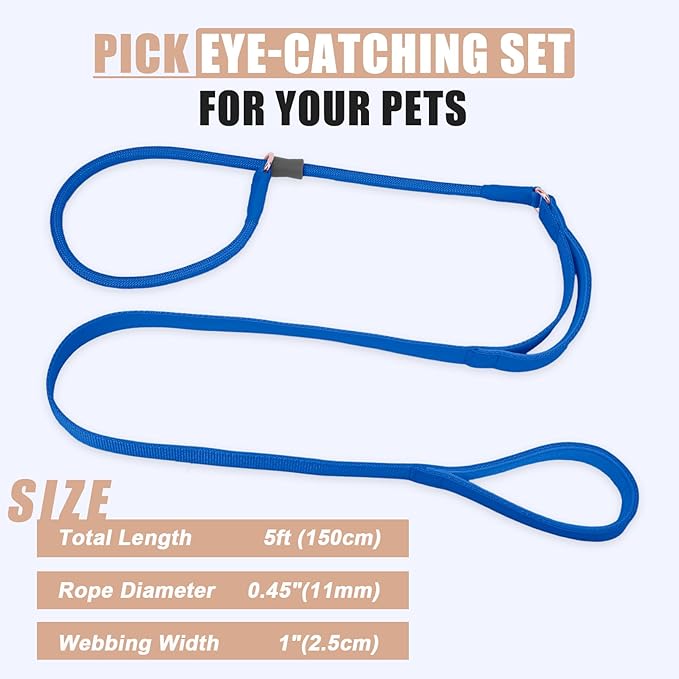 Slip Lead Dog Leash, Dog Training Leash with Double Handle, Soft Leather Slip Leash and Collar, Heavy Duty Nylon Dog Lead, No Pull Walking for Medium Large Small Dogs 5ft Dark Blue