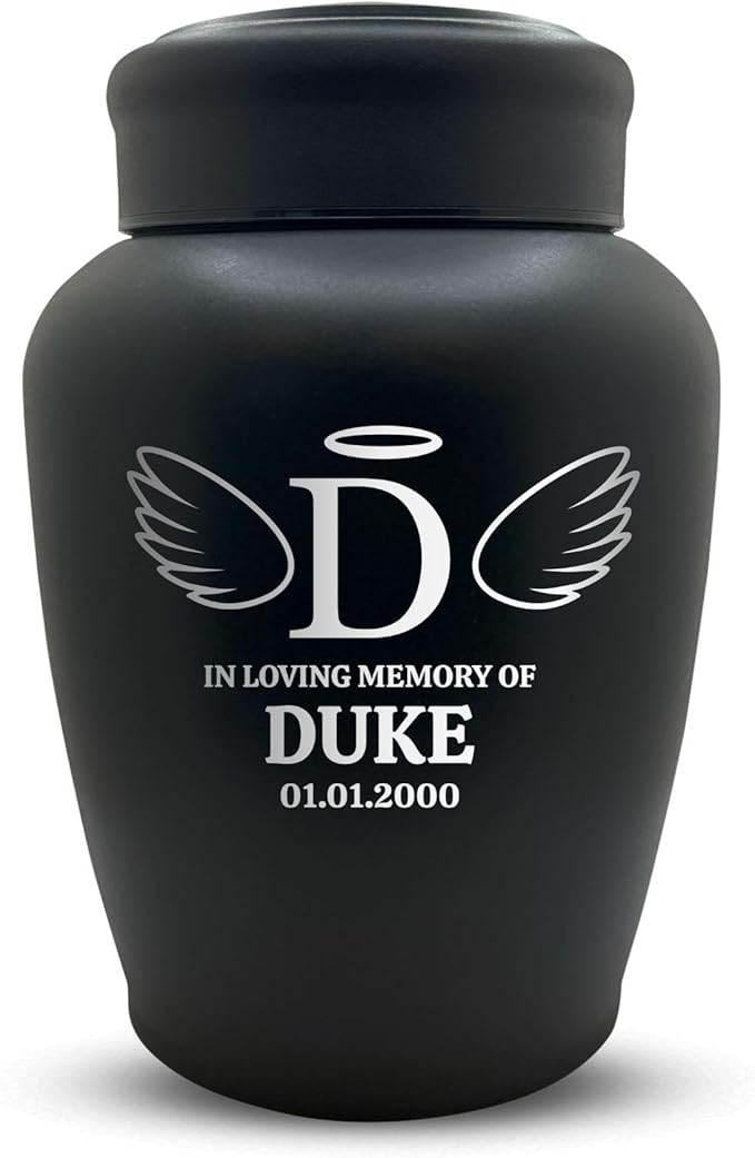 Custom Engraved Dog Urn - Stainless Steel, Black, Angel Pattern - Large Cremation Urns for Dogs Up to 150 lbs with Airtight Closure