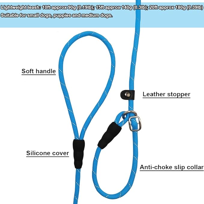 BTINESFUL 10FT / 15FT / 20FT Slip Lead Dog Leash, Reflective 1/3” Rope Leash Long Training Lead for Small Medium Dogs (20ft, Blue)