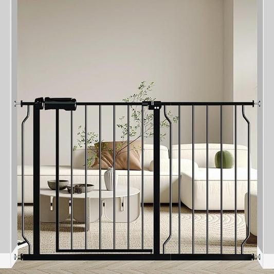 Fairy Baby Walk Through Baby Gate 43.5-48 Inch Wide for Stairs, Pressure Mounted Safety Gate with Door No Drill, Black Tension Metal Gate for Dog and Toddler