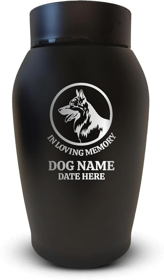 Personalized Custom Small Keepsake Urn Engraved with Pet Name, Date, and Dog Design - 5.2" Black Powder Coated Steel Cremation Urn for Dogs Ashes | 12-16 lb Capacity, German Shepperd Silhouette