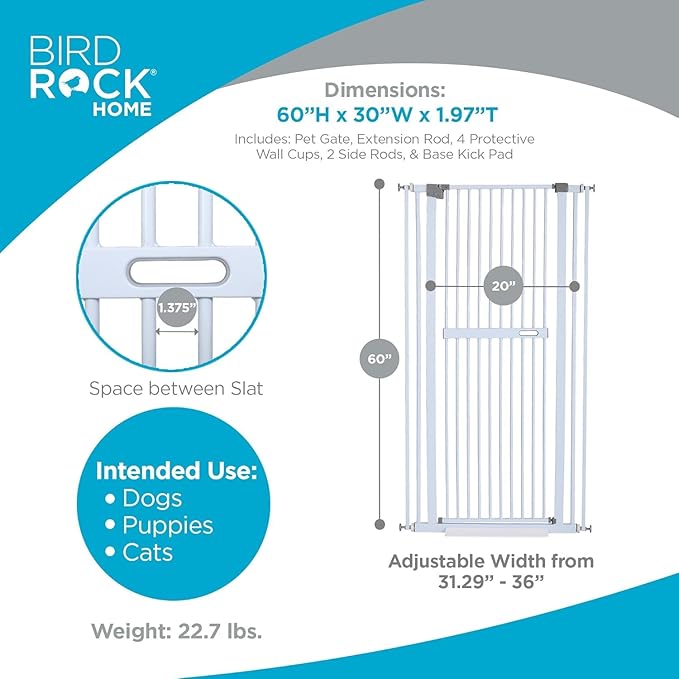 BIRDROCK HOME Extra Tall Pet Gate for Doorways | 60in Tall Cat or Dog Indoor Gate | Adjustable 31in-36in Width | Auto Close | Includes Protective Wall Cups - White