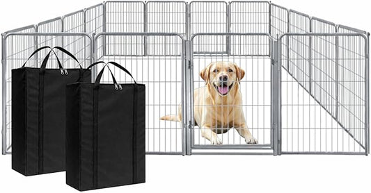 Dog Playpen w/Carrying Case for Indoor or Outdoor Use – 40 Inch, 16 Grey Panels - Portable Metal Exercise Pen for Medium & Large Dogs - Pet Fence Kennel Crate for House, RV, or Travel