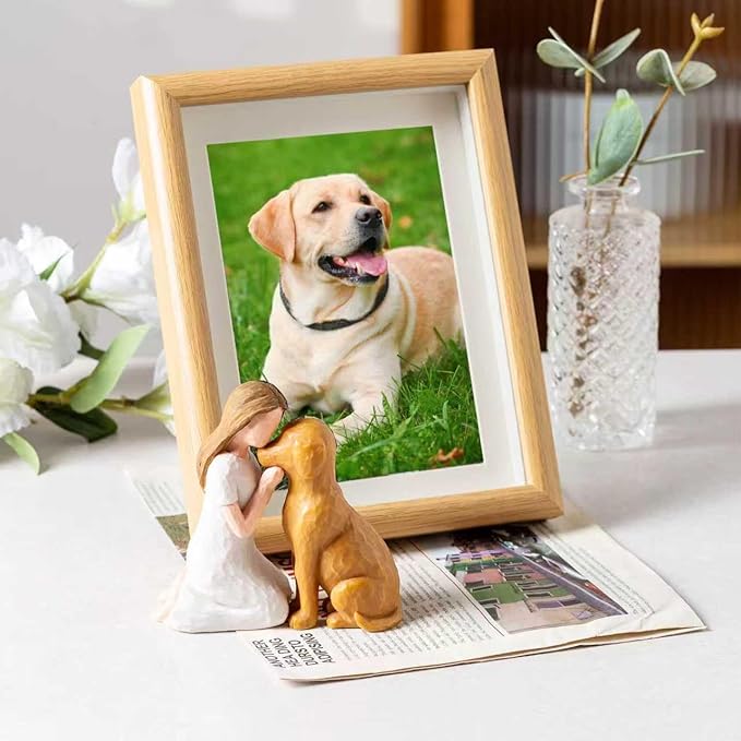 Pet Memorial Figurine for Dog Lovers, Hand-Painted Brown Dog Statue, Girl and Pet Keepsake, Friendship Remembrance Gift, Sympathy Memorial for Loss of Beloved Pet（Brown）