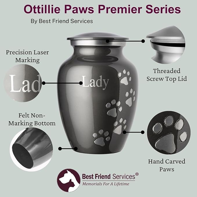 Ottillie Paws Premier Series Pet Urn for Dogs with Personalized Laser Engraving (X-Large - Pets up to 170 lbs, Ebony with Horizontal Brass Paws)