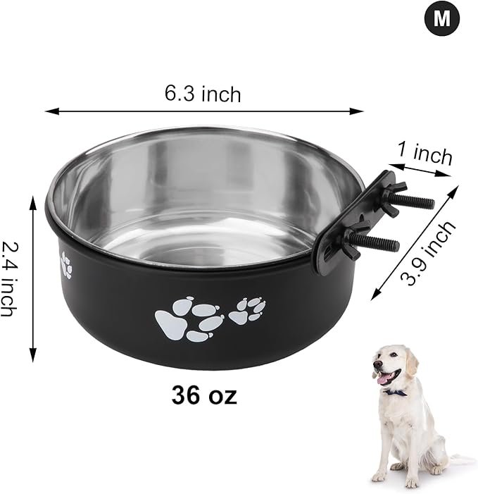 Dog Bowl Kennel Water Bowl Hanging Stainless Steel Pet Food Water Bowl Cage Feeding Cup Feeder for Medium and Small Dogs Cats (Black, Medium 6.3")