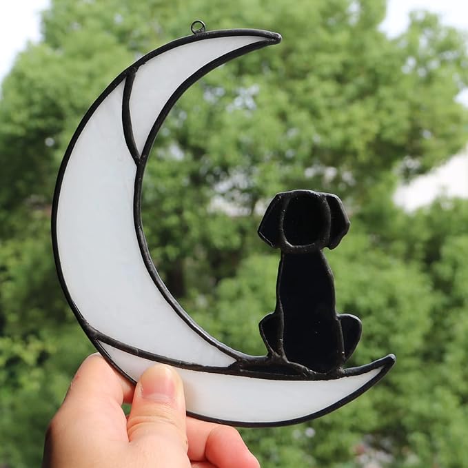 BOXCASA Dog Memorial Gifts for Dog Lovers,Dog on Moon Stained Glass Window Hanging for Suncatcher,Loss of Dog Sympathy Gift for Dog Lovers, Pet Memorial Sympathy Gifts