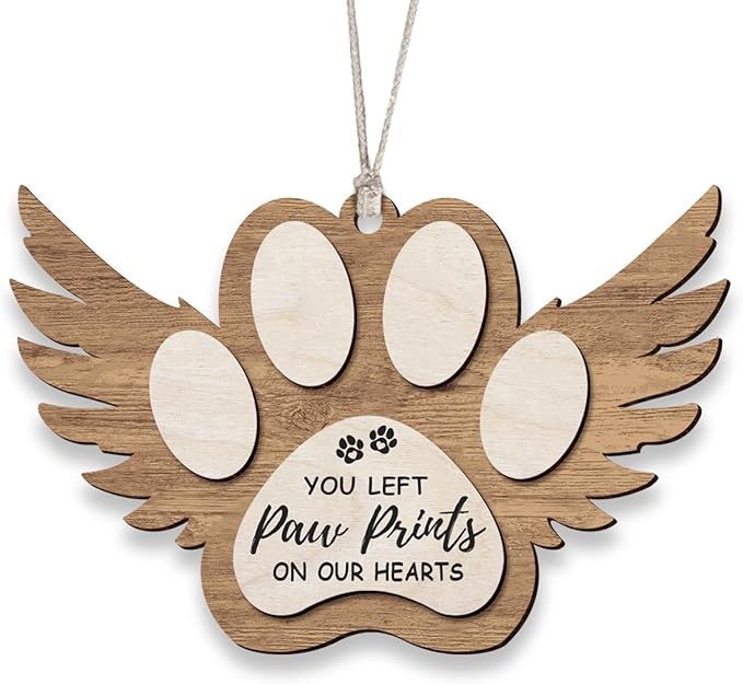 Angel Wings Paw Print Christmas Ornament – Pet Memorial Ornament for Dogs, Sympathy Gift for Bereaved Pet Owners, Remembrance Keepsake for Dog Lovers, Wooden Xmas Ornament
