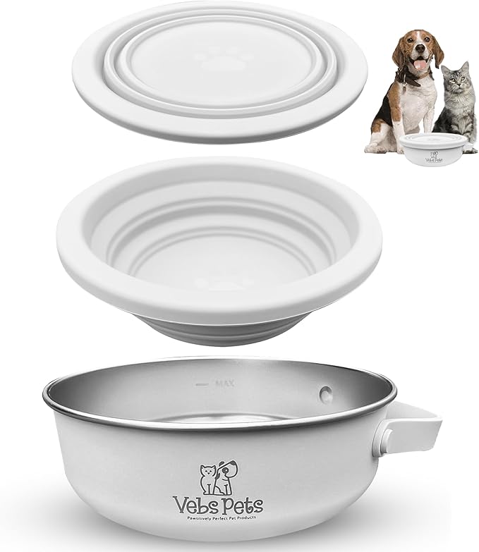 Vebs Pets- Stainless Steel Dog Bowl 30 oz, W/Collapsible Bowl Lid 20 oz W/Handle, Leak Proof, Non Slip, Food & Water Pet Bowls for Dogs & Cats, Medium Dogs, Portable Travel Dog (Vaporous Grey)